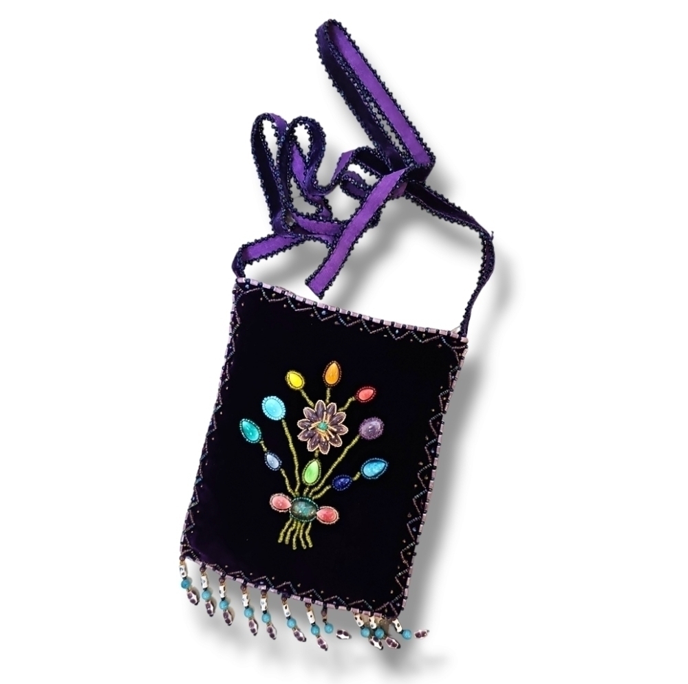 Purple Velvet Floral Beaded Silk Lined Cell Phone Crossbody Bag - OS